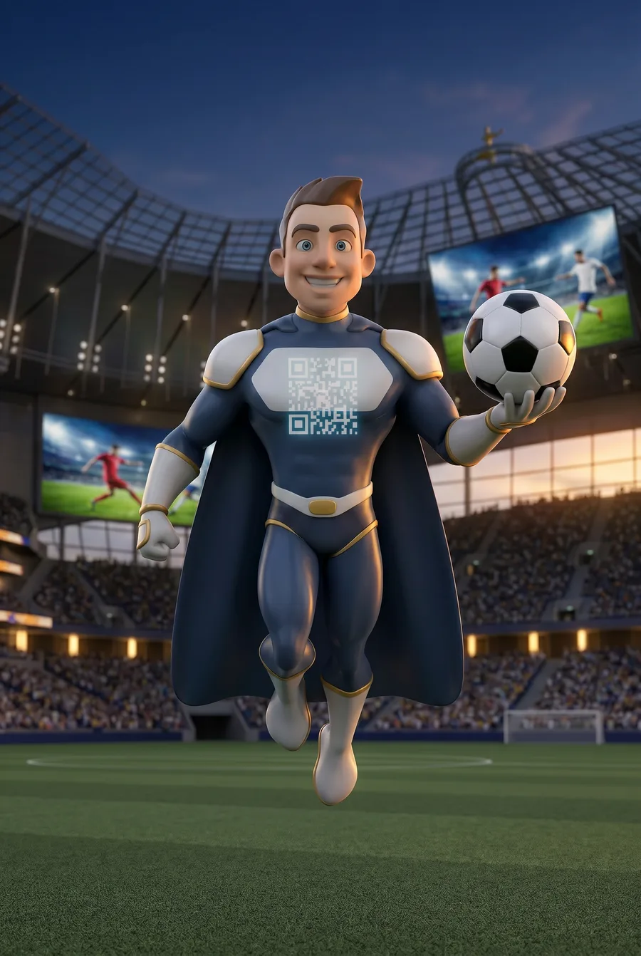 Super QR code mascot holding a football